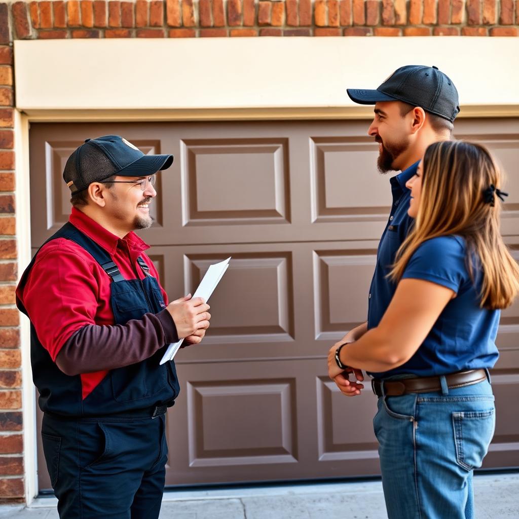 Friendly garage door technician explaining repair options to homeowners