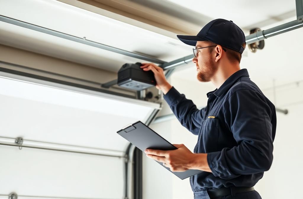 Professional technician calculating garage door repair estimate for homeowner