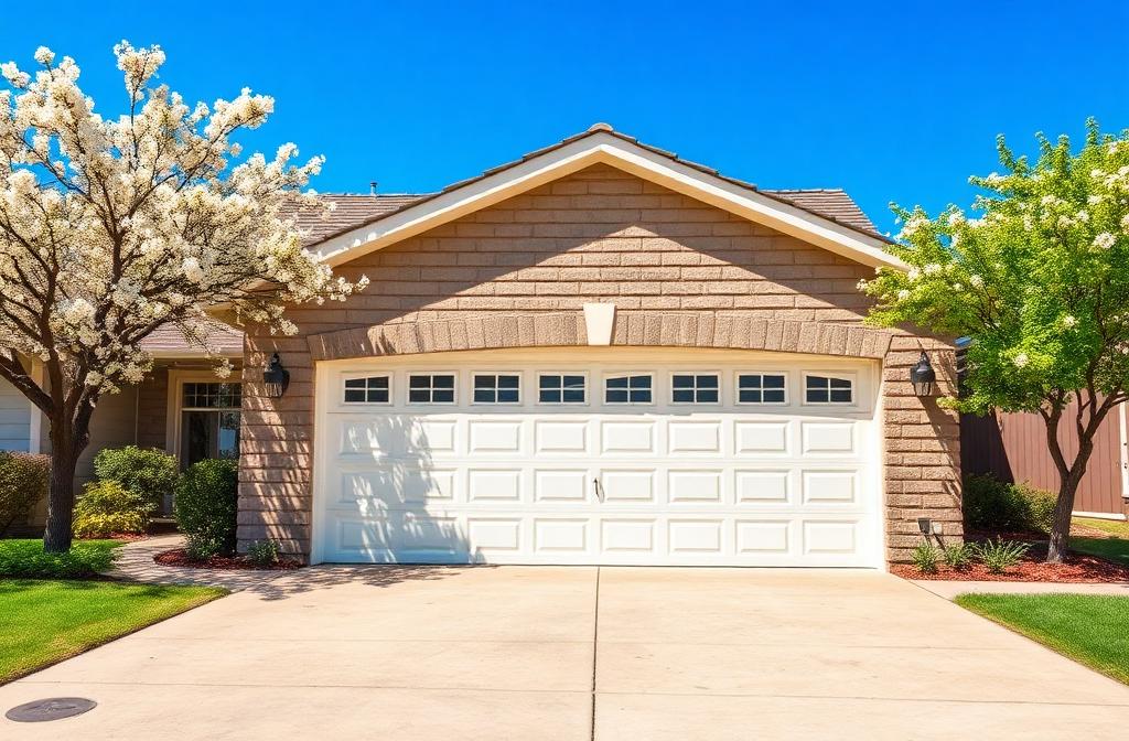 Technician performing spring maintenance on residential garage door