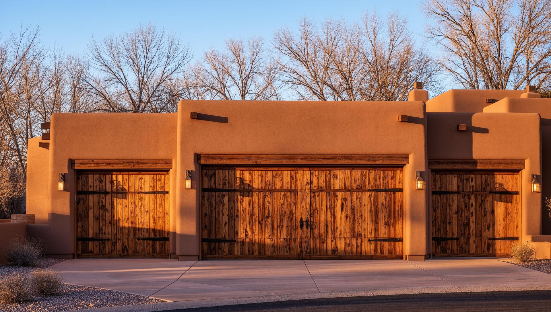 Beautiful rustic wood grain textured garage doors with iron strap hinges on Southwest adobe style home